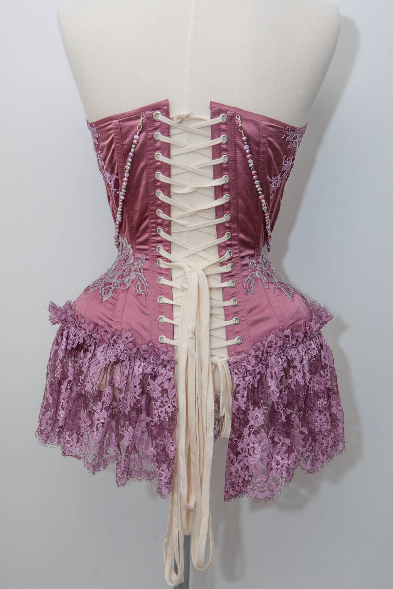 'Foxglove' Overbust Satin Corset With Lace Appliqué & Freshwater Pearl Jewellery