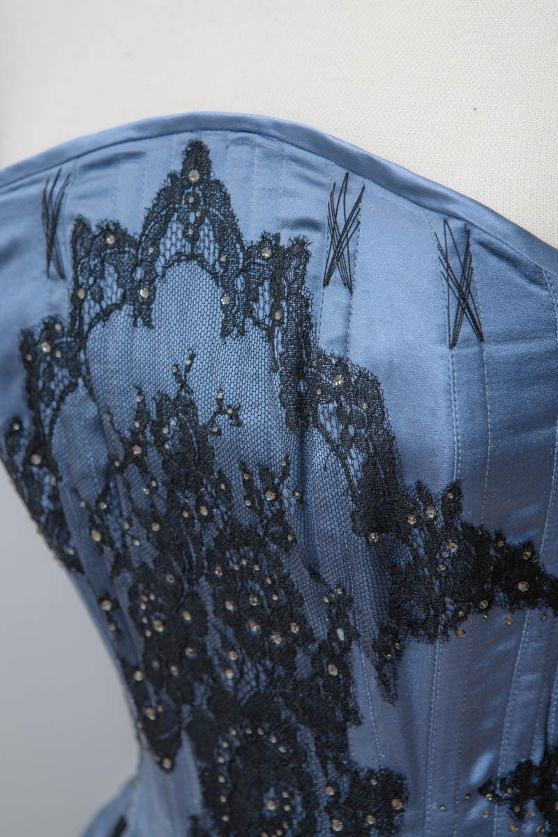 'Belle Epoque' Blue Satin Overbust Corset With Lace Appliqué