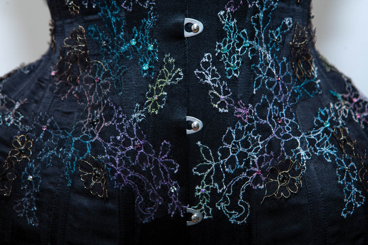'Un|Seelie' Black Duchesse Satin Plunge Corset With Hand Painted Lace Appliqué