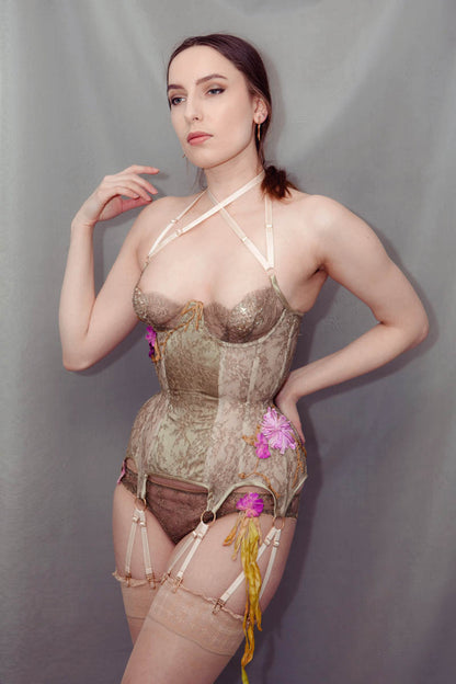'Botanisk' Ribbon Embroidered Metallic Lace & Bobbinet Cupped Corset With Knickers - 20" Waist, 30C/30D/32B/32C Cup, UK 10 Briefs