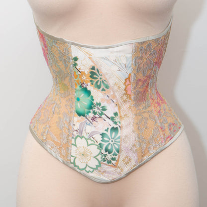 Kimono Silk, Metallic French Lace & Bobbinet Tulle Underbust Corset - 21" Waist