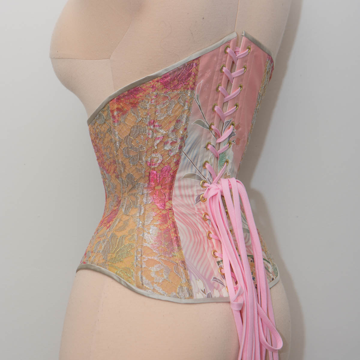 Kimono Silk, Metallic French Lace & Bobbinet Tulle Underbust Corset - 21" Waist