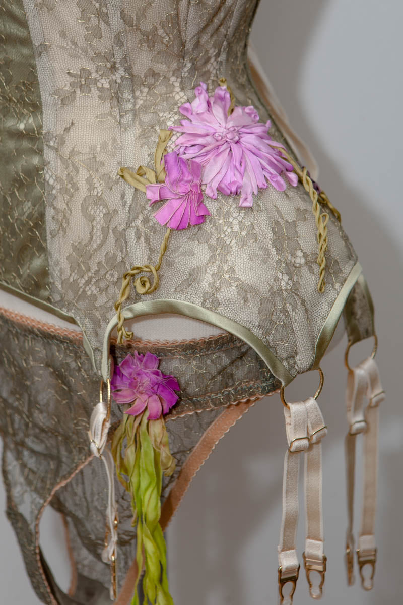'Botanisk' Cupped French Lace & Bobbinet Corset With Silk Ribbon Embroidery