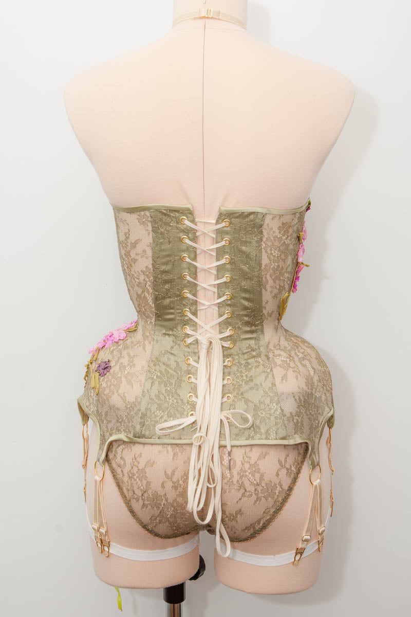'Botanisk' Ribbon Embroidered Metallic Lace & Bobbinet Cupped Corset With Knickers - 20" Waist, 30C/30D/32B/32C Cup, UK 10 Briefs