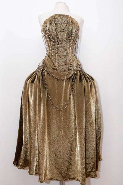 'Celestina' Corsetted Robe-De-Style Gown, In Silk Lurex With Draped Jewellery