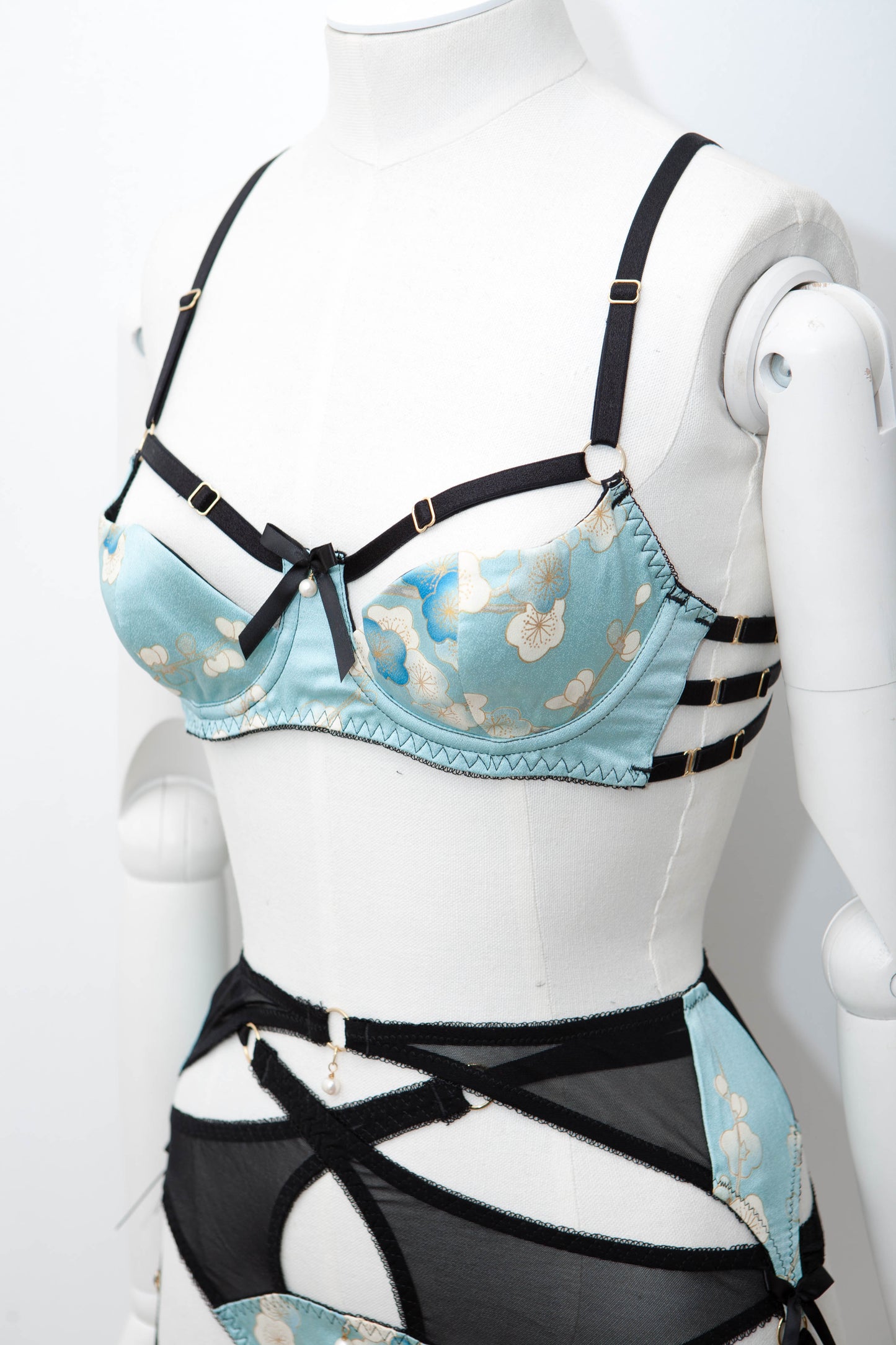 'Sayuri' Vintage Kimono Silk Bra, Suspender Belt &  Harness Thong