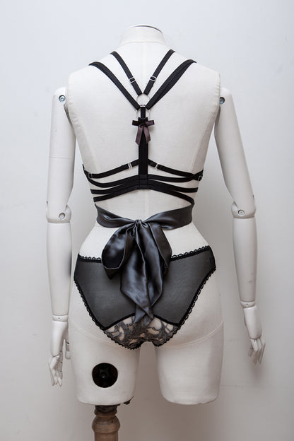 'Stoya' Bralet, Silk Tie Harness & Briefs With Wool Lace Appliqué